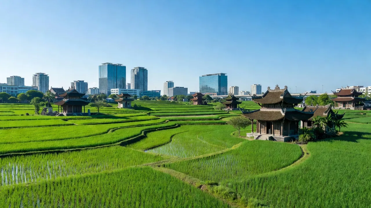 Khung cảnh tỉnh Bắc Ninh với cánh đồng xanh, chùa cổ và đô thị hiện đại, thể hiện sự phát triển.