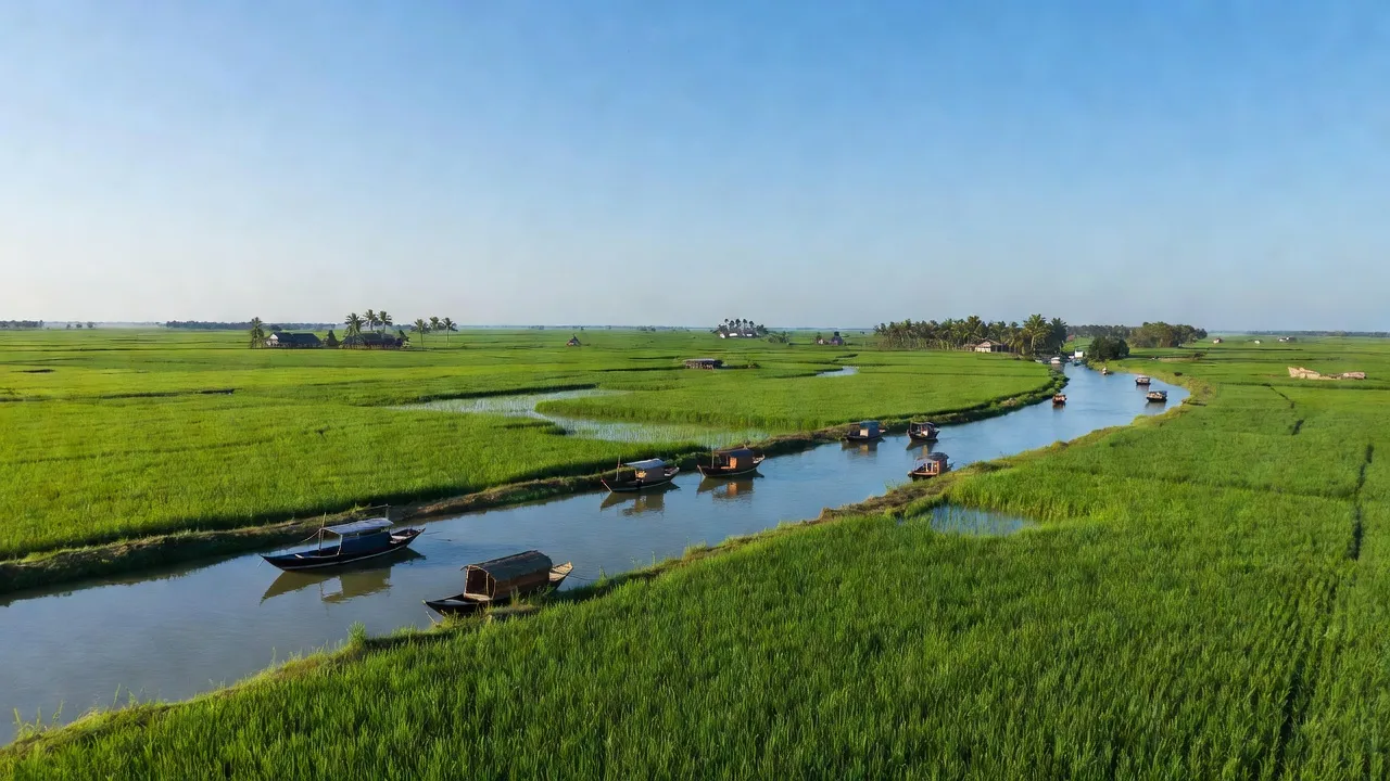 Khung cảnh huyện Ba Tri, Bến Tre với cánh đồng xanh và sông nước yên bình, biểu tượng miền Tây.