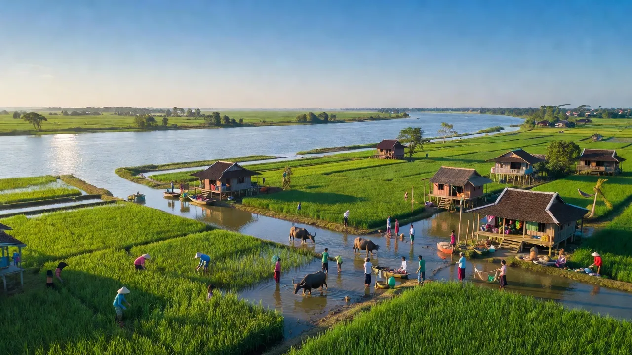 Khung cảnh yên bình huyện Ba Tri, Bến Tre với sông nước, cánh đồng xanh tươi và hoạt động nông nghiệp.