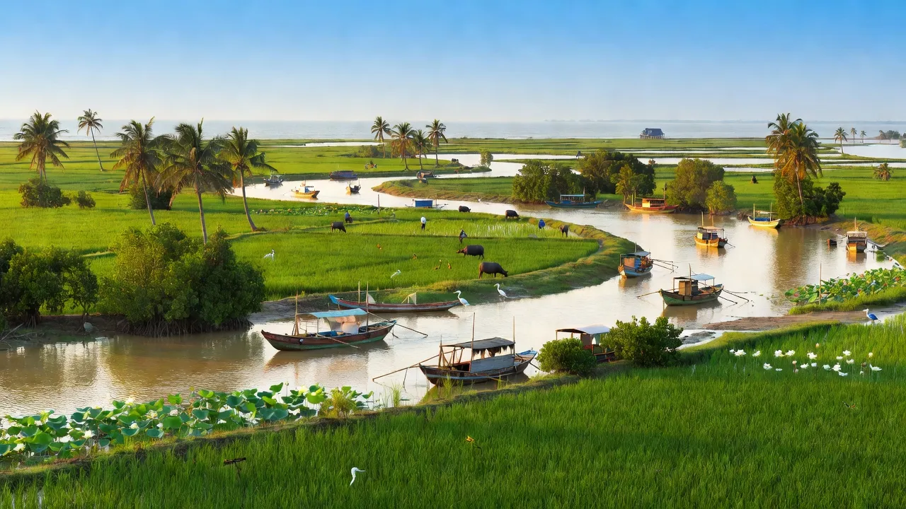 Cảnh đẹp huyện Bình Đại, Bến Tre với cánh đồng xanh, sông nước và thuyền đánh cá.