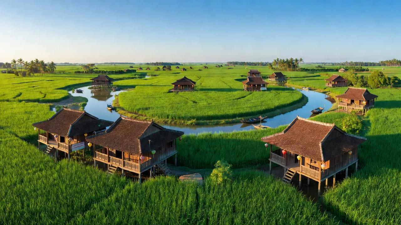 Khung cảnh huyện Châu Thành, tỉnh Bến Tre với cánh đồng xanh, nhà truyền thống, và sông uốn lượn.