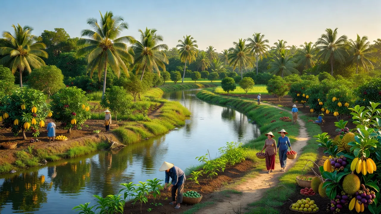 Cảnh quan xanh tươi huyện Chợ Lách, Bến Tre với nông nghiệp và du lịch sinh thái.
