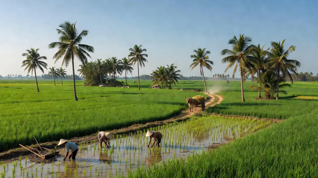 Huyện Giồng Trôm, Bến Tre với cánh đồng xanh và cây dừa, sự sống động của nông thôn Việt Nam.