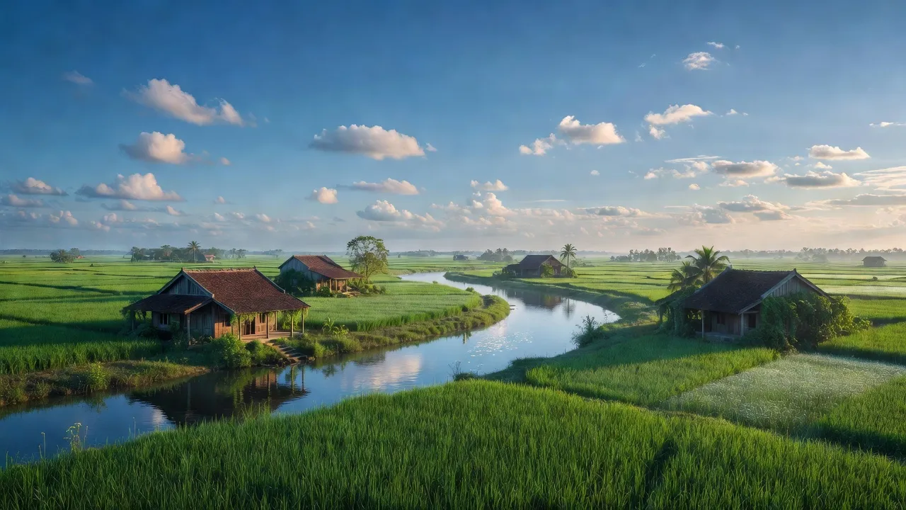 Cánh đồng xanh và dòng sông ở huyện Mỏ Cày Bắc, tỉnh Bến Tre, Việt Nam, thể hiện vẻ đẹp tự nhiên.
