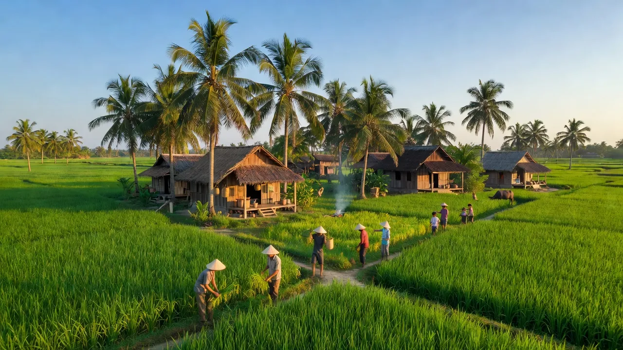 Cảnh quan huyện Mỏ Cày Bắc, tỉnh Bến Tre với đồng xanh và nhà truyền thống, thể hiện đời sống nông thôn.