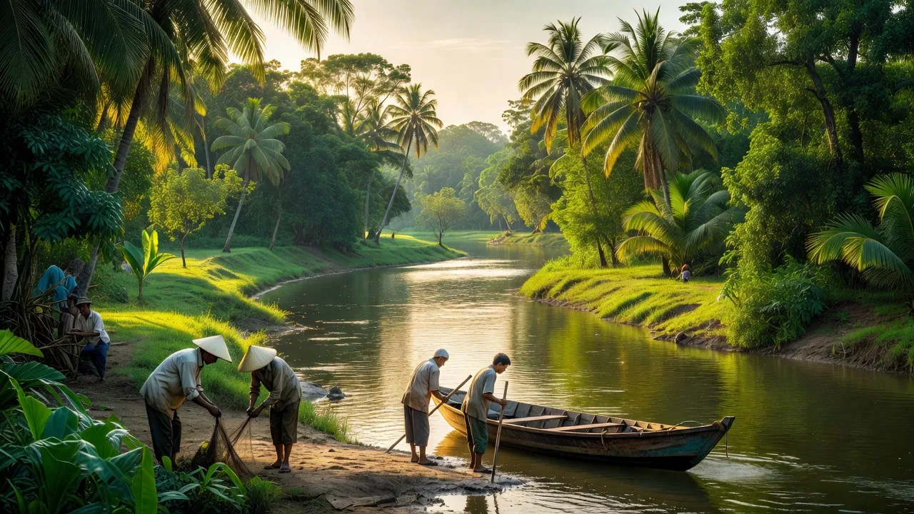 Khung cảnh Huyện Mỏ Cày Nam, Bến Tre với sông nước, thiên nhiên xanh tươi và đời sống người dân.