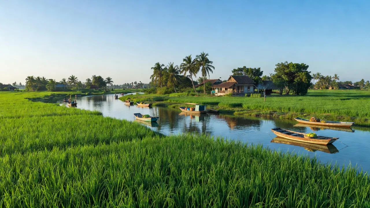 Khung cảnh Mỏ Cày Nam, Bến Tre, với cánh đồng xanh và sông Hàm Luông, thể hiện cuộc sống nông thôn.