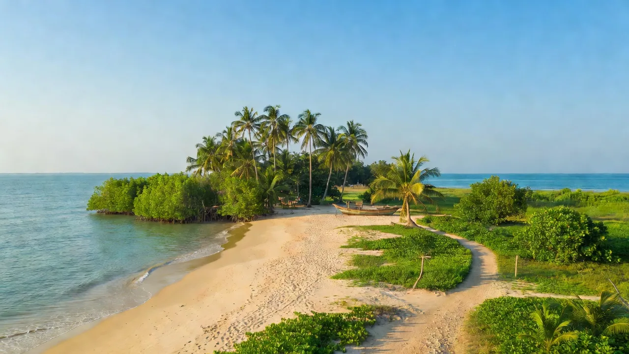 Khung cảnh ven biển huyện Thạnh Phú, tỉnh Bến Tre với bãi cát và cây xanh tươi tốt.