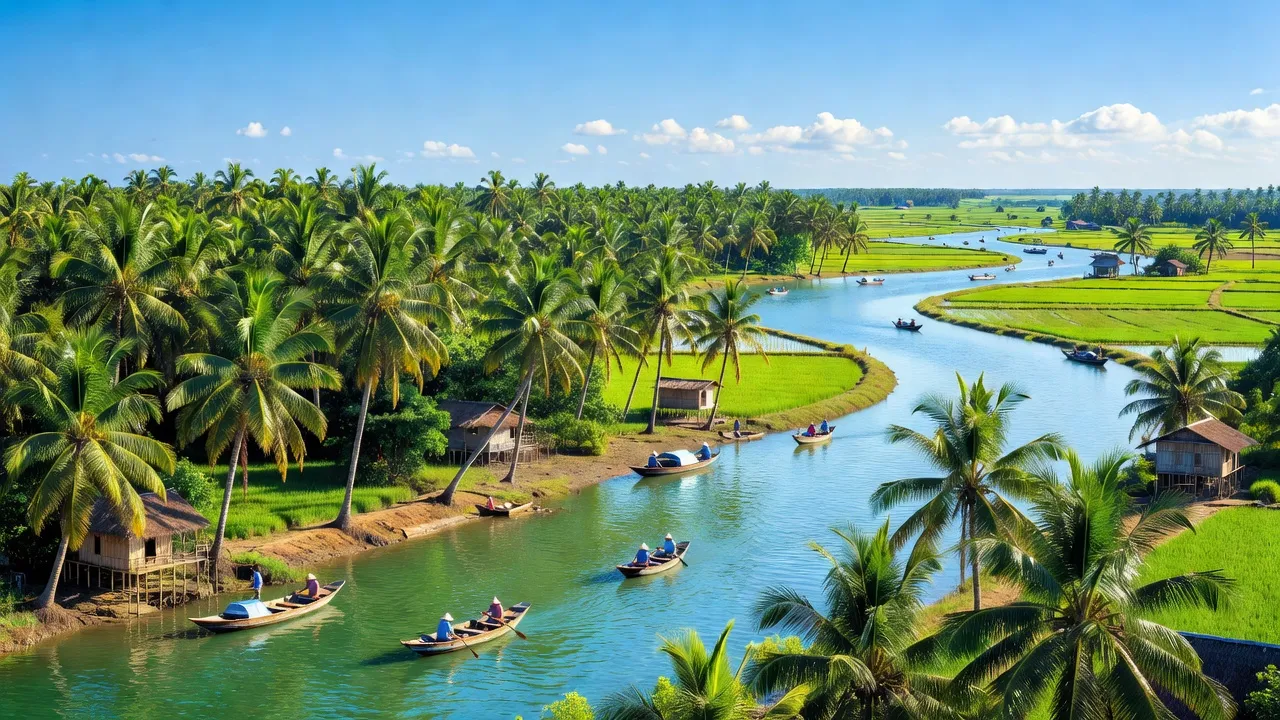 Phong cảnh tỉnh Bến Tre với cây dừa và dòng sông, thể hiện vẻ đẹp nông thôn Việt Nam.