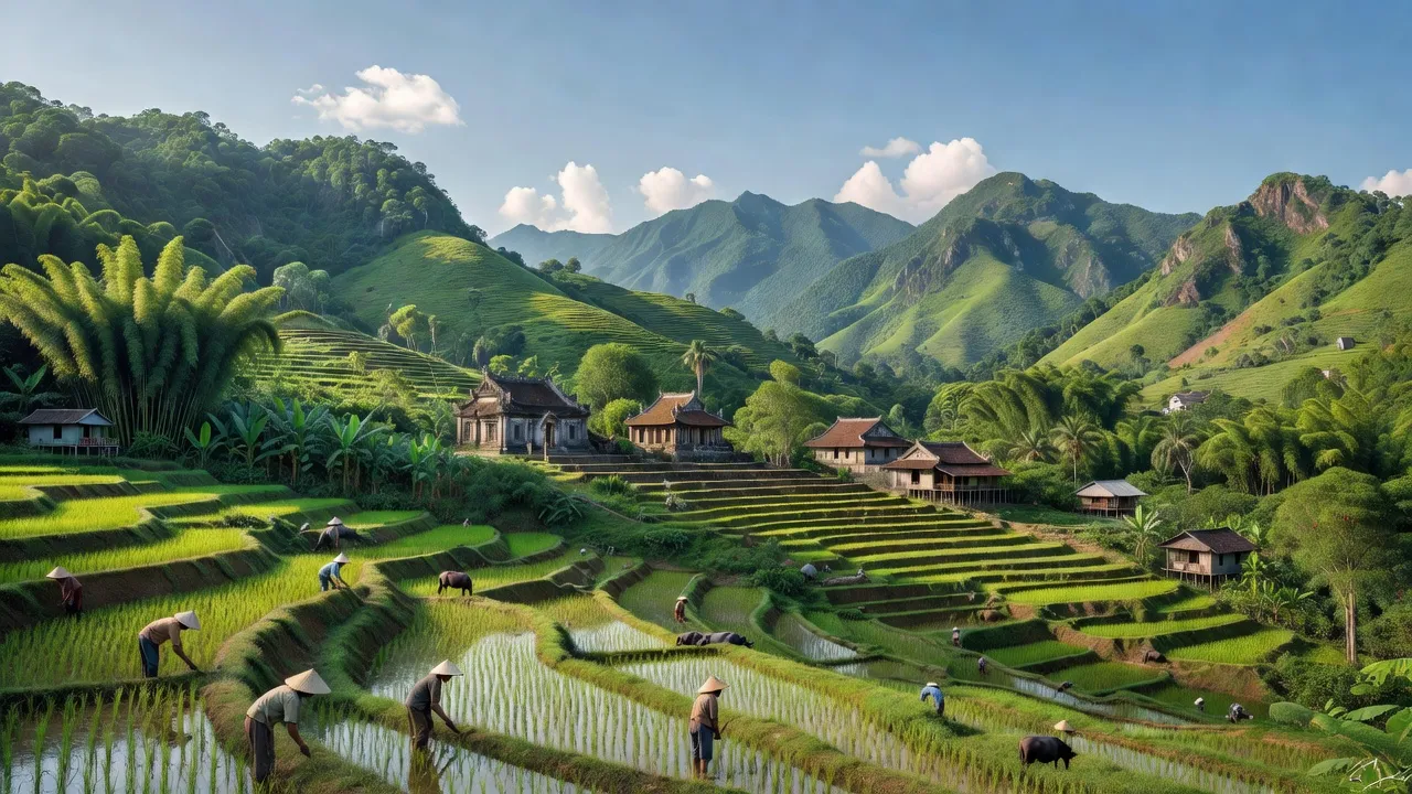 Cảnh quan huyện An Lão, Bình Định với đồi núi, thiên nhiên xanh tươi và phong cảnh nông thôn.