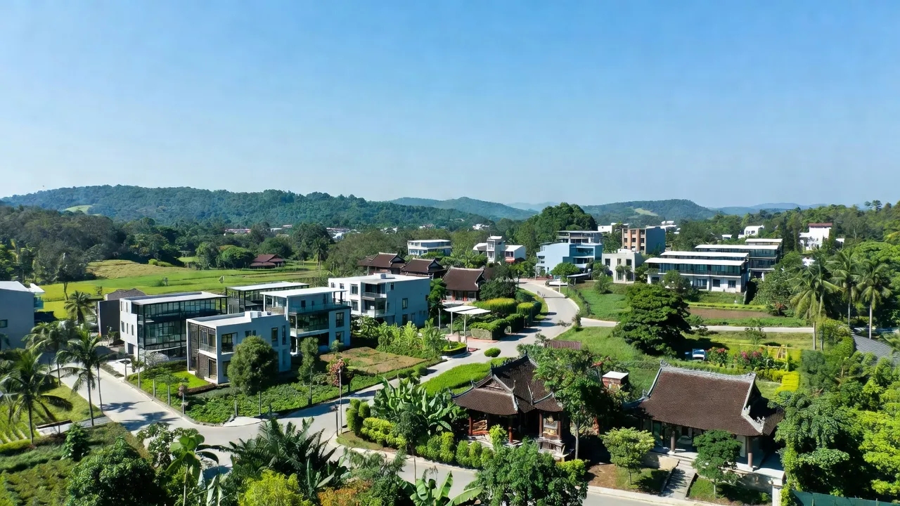 Khung cảnh yên bình Thị xã An Nhơn, Bình Định với kiến trúc hiện đại và thiên nhiên xanh tươi.