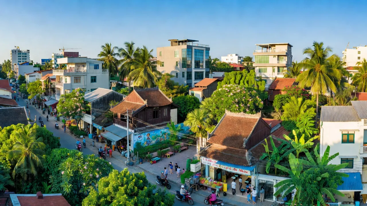 Toàn cảnh thị xã An Nhơn, tỉnh Bình Định với kiến trúc đô thị và cảnh quan thiên nhiên tươi đẹp.