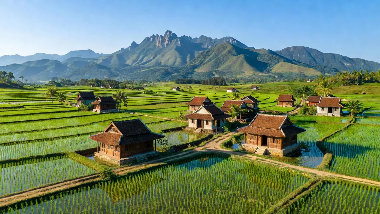 Cảnh sắc huyện Hoài Ân, tỉnh Bình Định với đồng ruộng xanh tươi và núi non hùng vĩ.