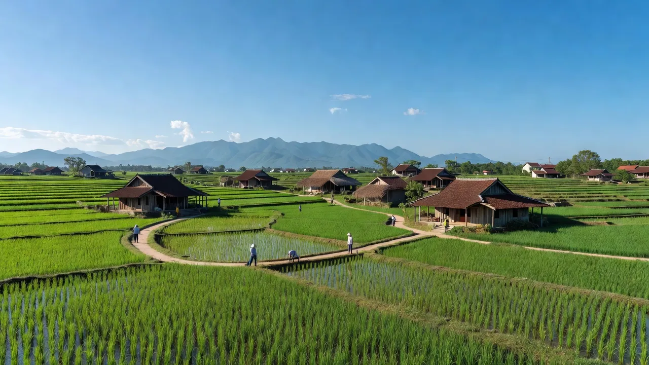 Khung cảnh huyện Hoài Ân, tỉnh Bình Định với cánh đồng xanh và núi ở xa.