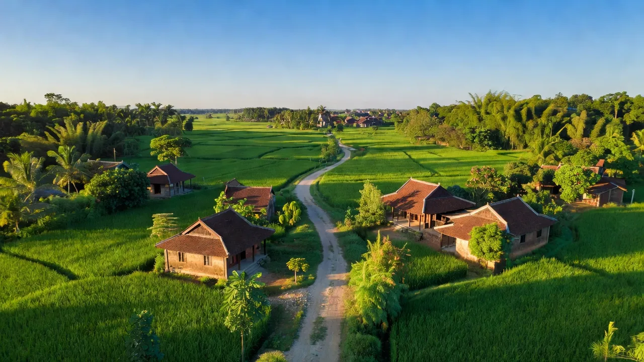 Khung cảnh thanh bình Thị xã Hoài Nhơn, tỉnh Bình Định với đồng xanh và nhà truyền thống.