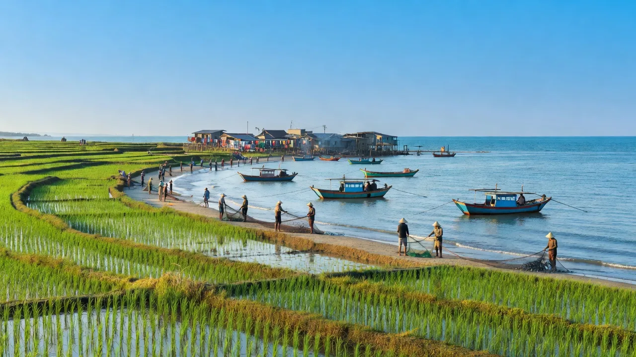 Cảnh đẹp huyện Phù Cát, tỉnh Bình Định với bờ biển, đầm lầy và ruộng lúa xanh tươi.