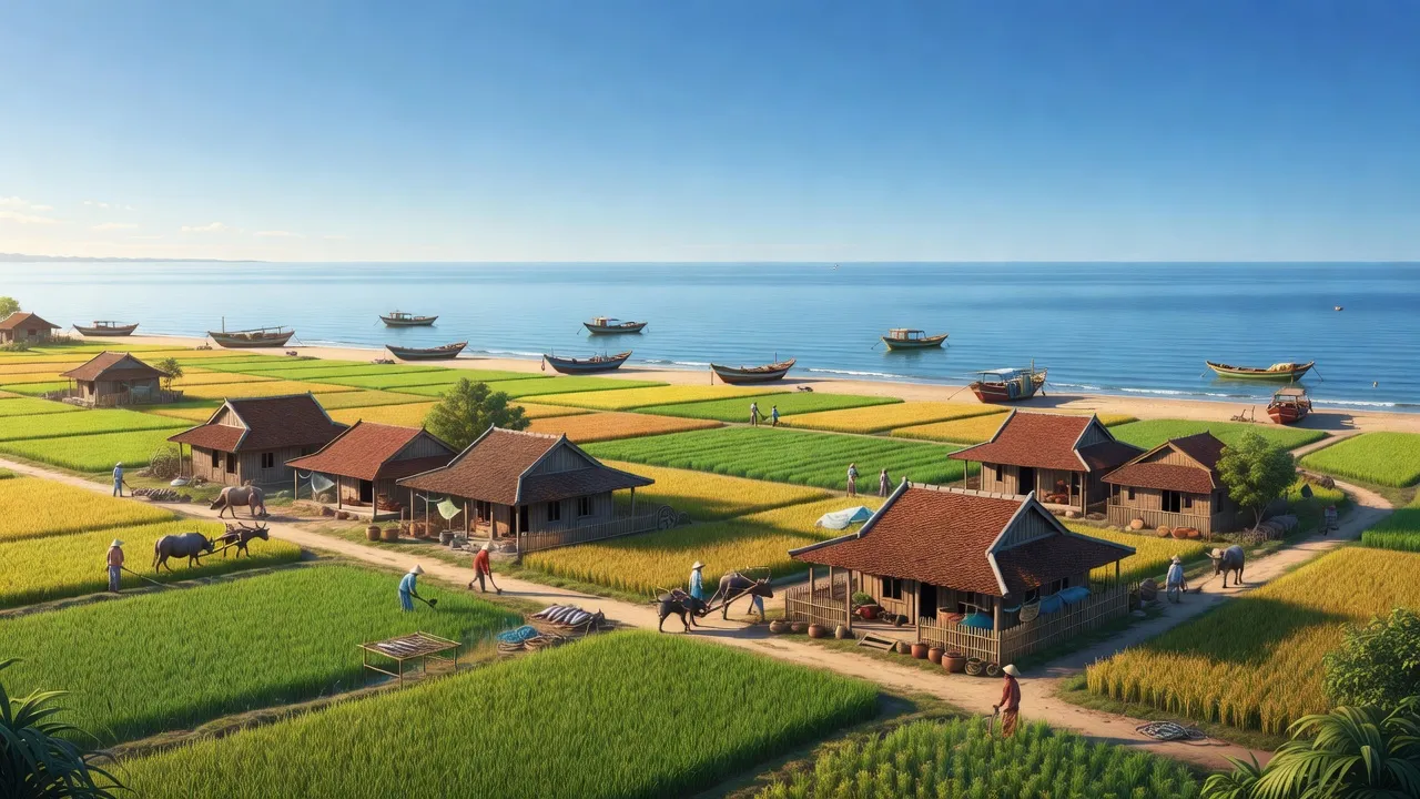 Quang cảnh huyện Phù Mỹ, Bình Định với biển Đông và đồng ruộng xanh tươi.