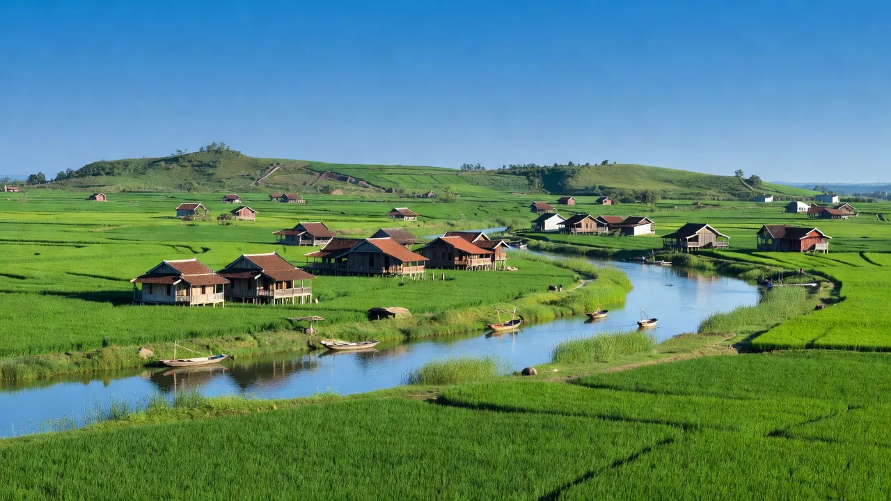 Khung cảnh huyện Tây Sơn, Bình Định với ruộng xanh, làng truyền thống và sông Côn nổi bật.