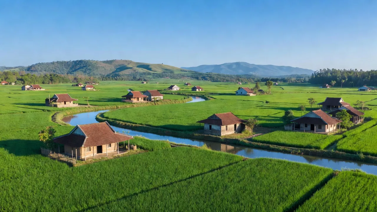 Phong cảnh huyện Tây Sơn, Bình Định với cánh đồng xanh và sông Côn tuyệt đẹp.