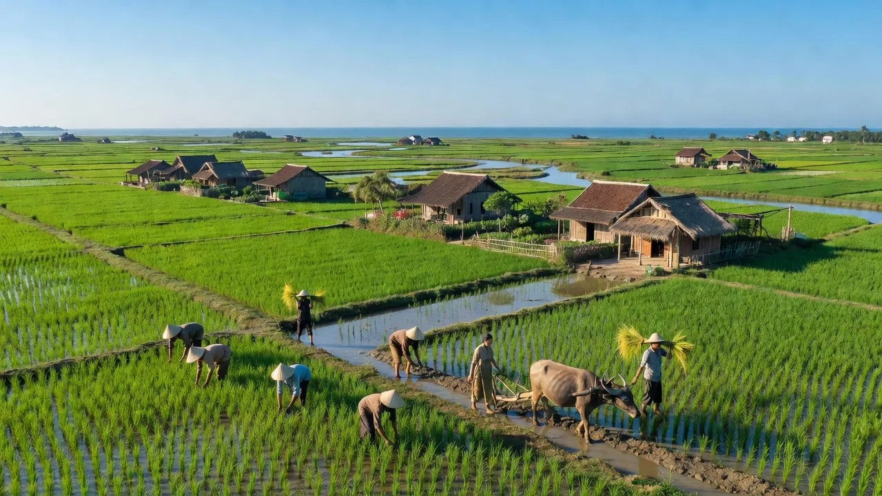 Cảnh đẹp huyện Tuy Phước, Bình Định với đồng ruộng xanh, sông nước và nhà truyền thống.