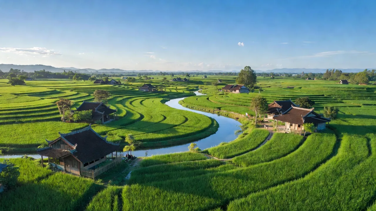Khung cảnh đồng quê Tuy Phước, Bình Định với ruộng xanh và làng quê Việt Nam truyền thống.
