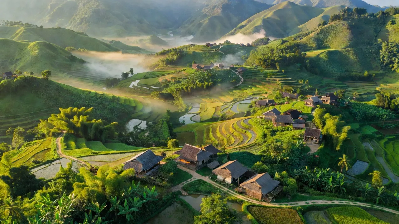 Khung cảnh núi rừng Vĩnh Thạnh, Bình Định với đồi núi và làng quê truyền thống.