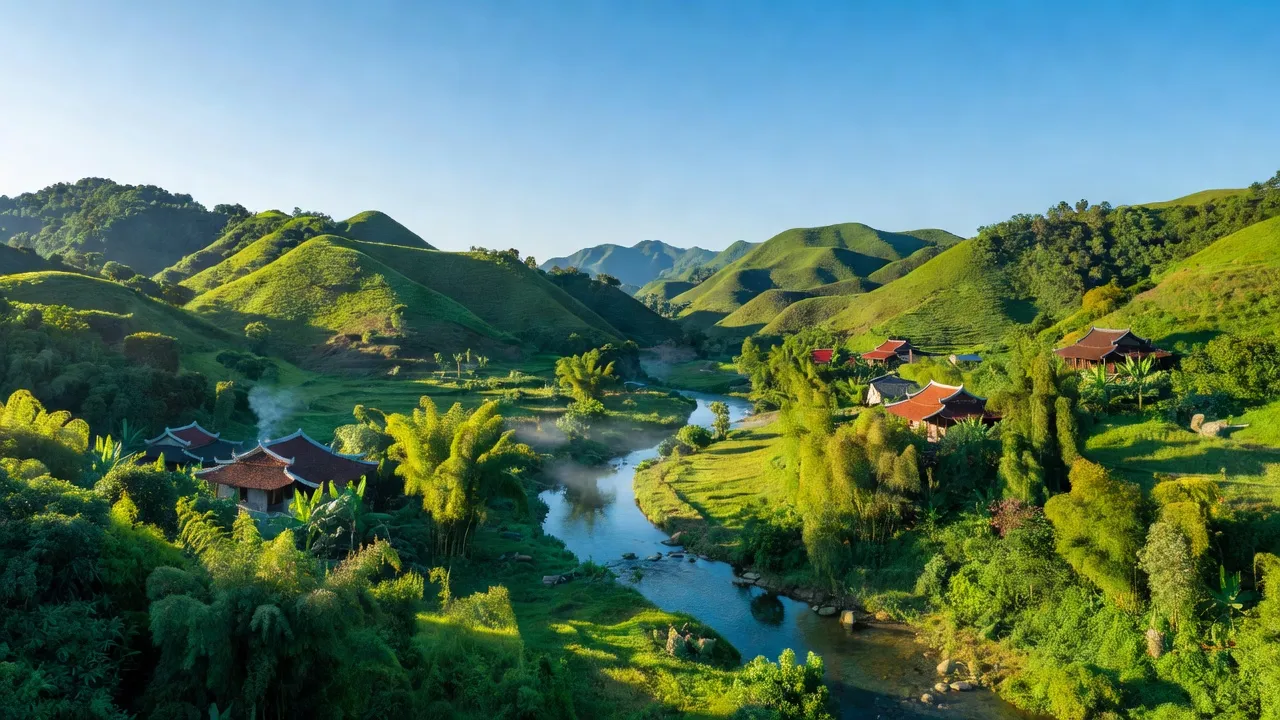 Quang cảnh huyện Vĩnh Thạnh, Bình Định với đồi núi xanh tươi và thung lũng sông suối.