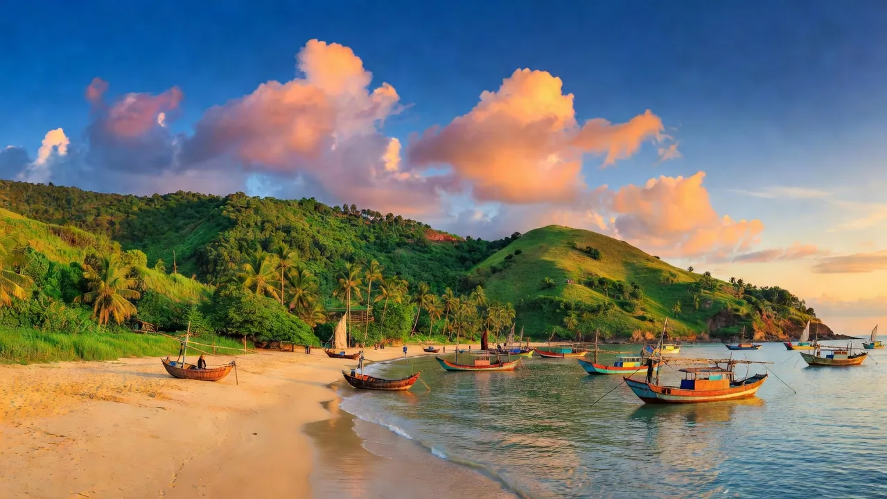 Cảnh biển tỉnh Bình Định Việt Nam với bãi cát vàng, đồi xanh và thuyền đánh cá.