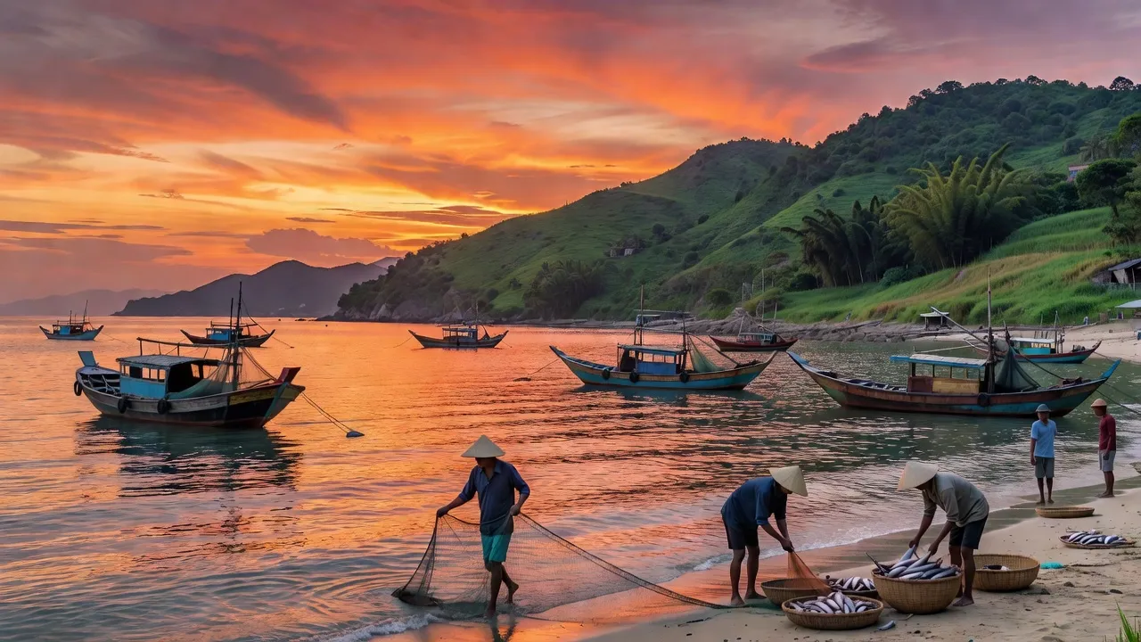 Khung cảnh tỉnh Bình Định, bao gồm bến cảng, núi non xanh và ánh hoàng hôn đẹp mắt.