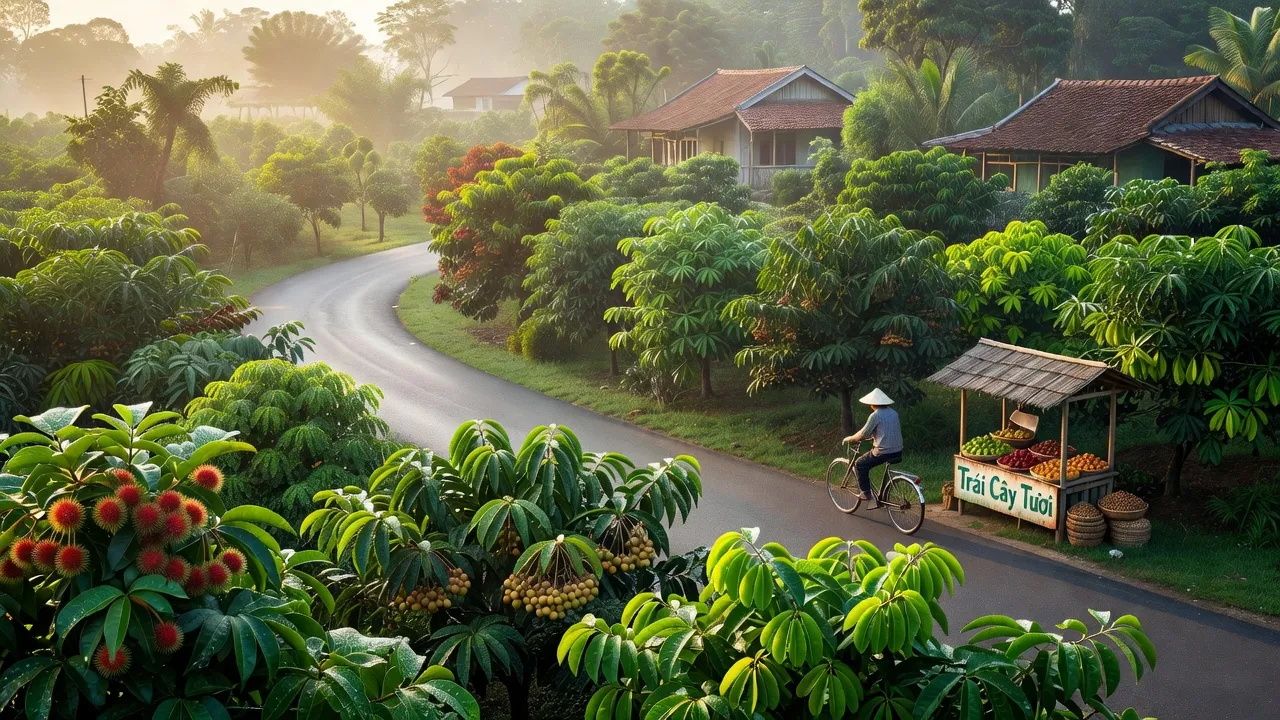 Cảnh quan huyện Bắc Tân Uyên, tỉnh Bình Dương, với cây ăn trái và nông thôn tươi đẹp.