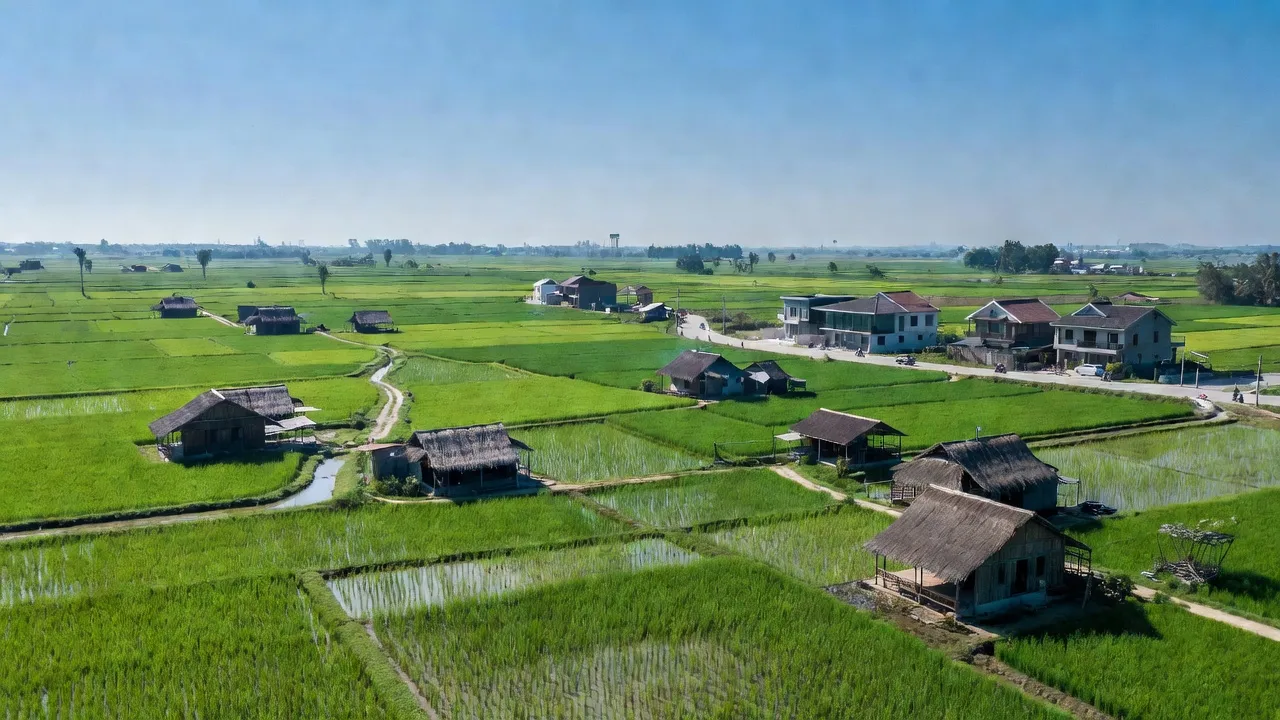 Khung cảnh Huyện Bàu Bàng, Bình Dương với đồng xanh, nhà truyền thống và bầu trời xanh trong.