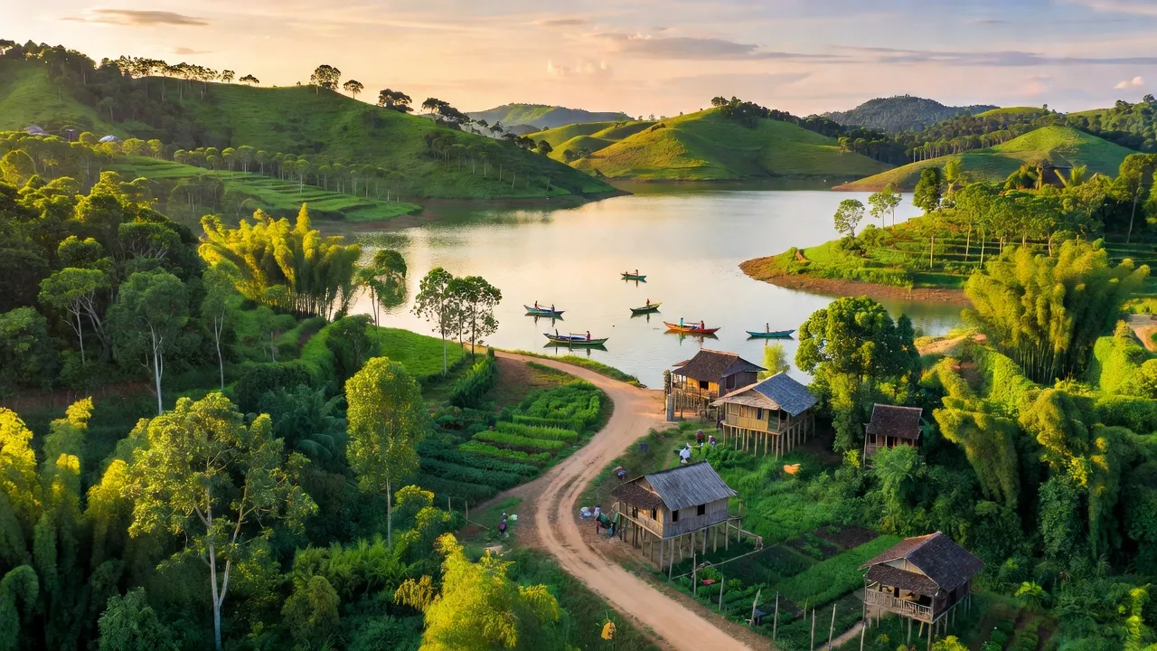 Huyện Dầu Tiếng, tỉnh Bình Dương với cảnh quan đồi núi xanh tươi và cuộc sống địa phương.