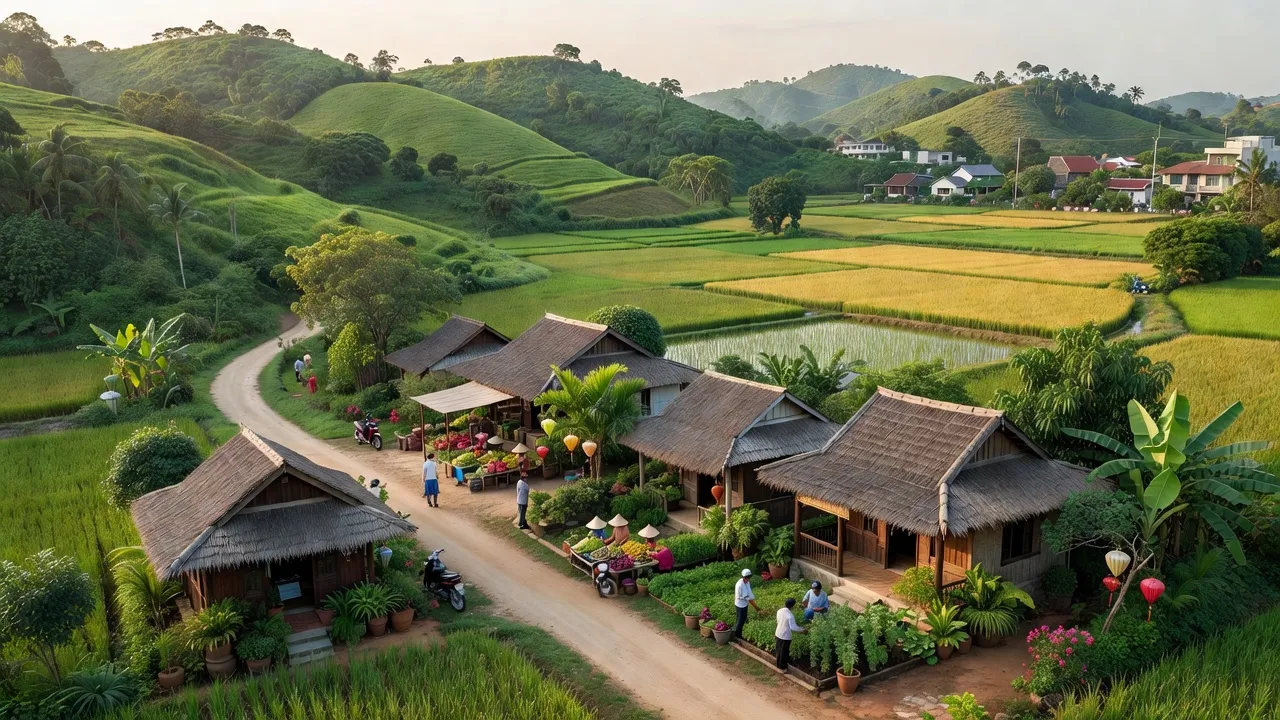 Khung cảnh huyện Dầu Tiếng, Bình Dương với đồi núi xanh tươi và nhà truyền thống Việt Nam.