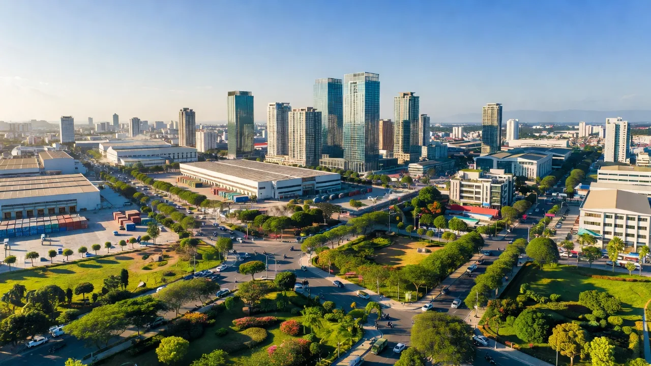 Thành phố Dĩ An, Bình Dương, tòa nhà hiện đại và khu công nghiệp phát triển, cây xanh xung quanh.