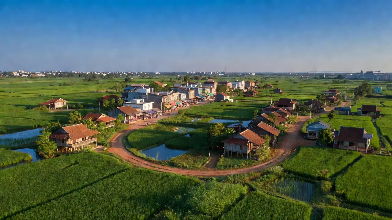 Khung cảnh huyện Phú Giáo, tỉnh Bình Dương với cánh đồng xanh, kiến trúc nông thôn và bầu trời trong xanh.