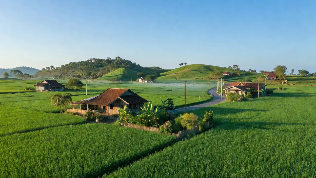 Phú Giáo, Bình Dương: phong cảnh đồng quê, núi đồi xanh tươi và nhà truyền thống, nơi giao thoa giữa đô thị và nông thôn.
