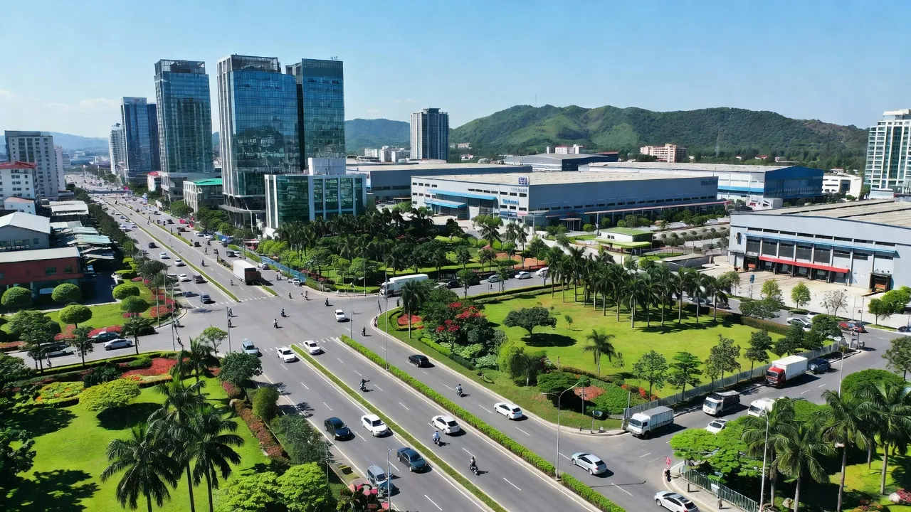Cảnh quan thành phố Tân Uyên, Bình Dương với tòa nhà hiện đại và thiên nhiên tươi đẹp.