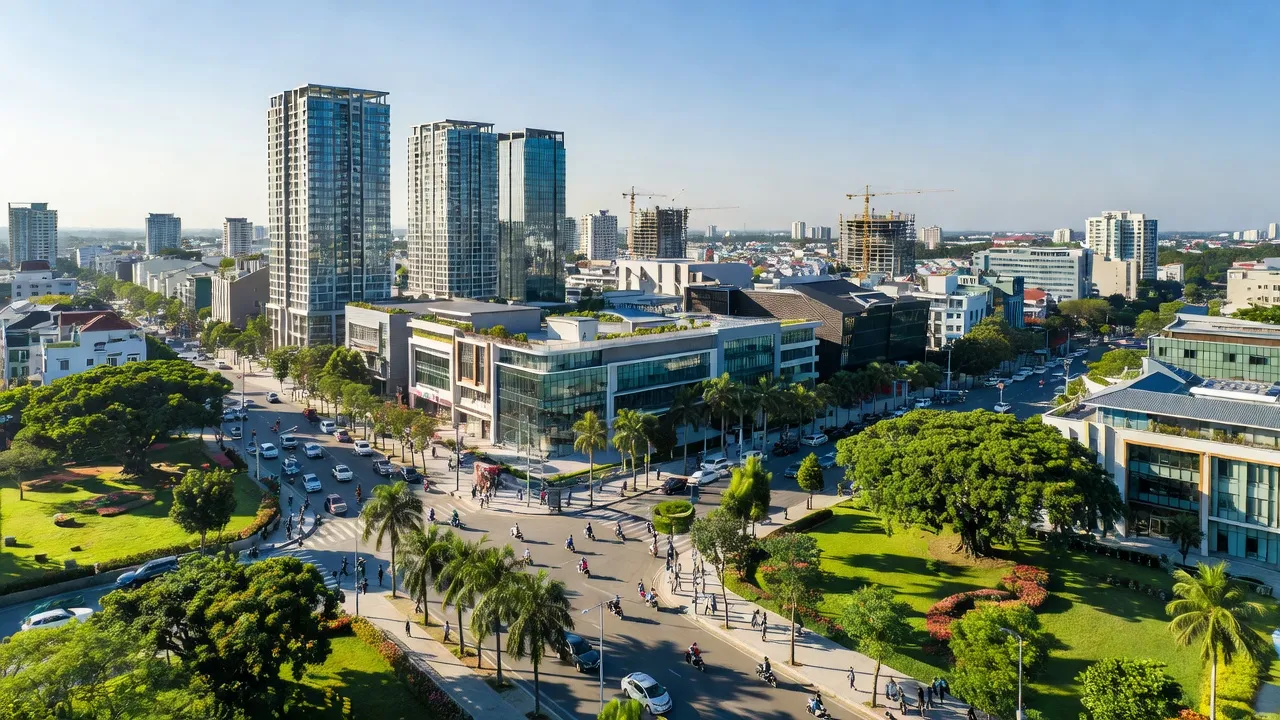 Thành phố Thuận An, Bình Dương với kiến trúc hiện đại và không gian xanh, đô thị hóa năng động.