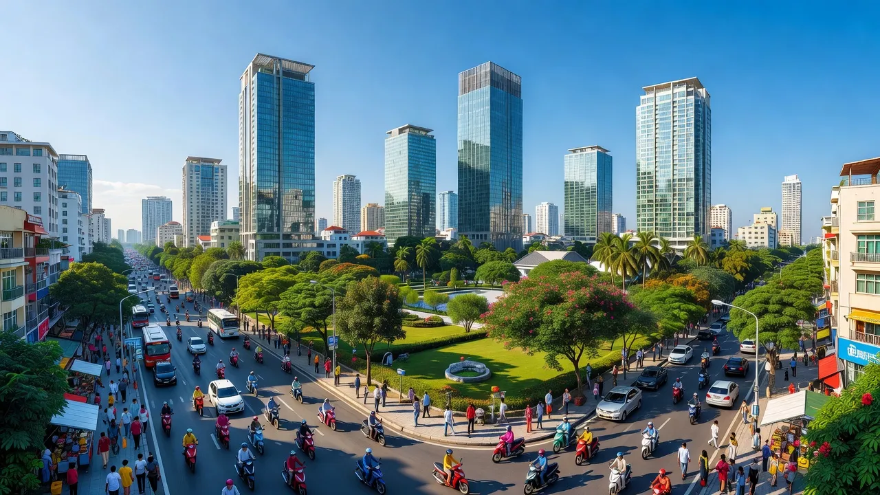 Khung cảnh đô thị hiện đại của tỉnh Bình Dương, Thủ Dầu Một, với tòa nhà và cây xanh.