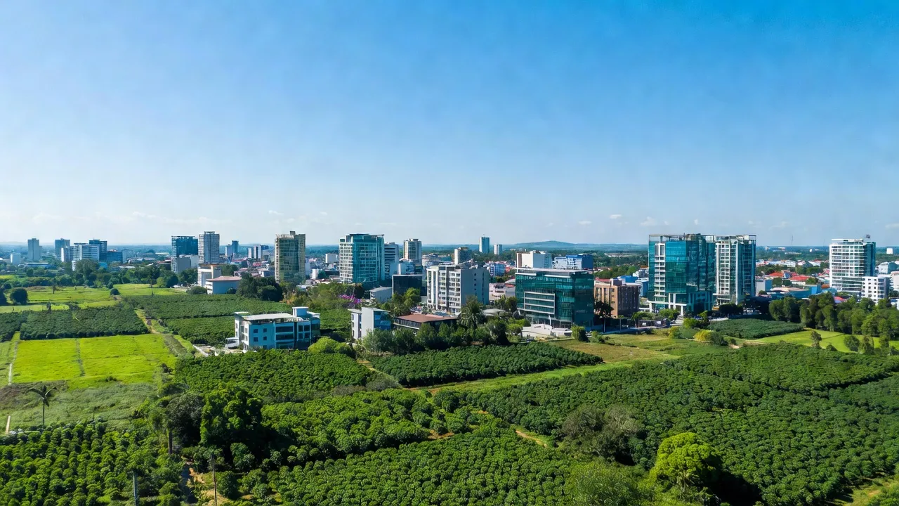 Khung cảnh thị xã Bình Long, Bình Phước với các tòa nhà hiện đại và thiên nhiên xanh tươi.