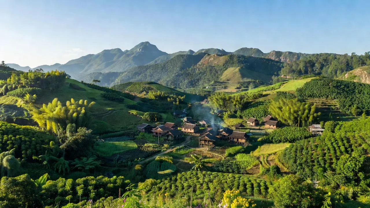 Cảnh đẹp huyện Bù Đăng, Bình Phước với núi xanh, làng quê và bầu trời trong xanh.