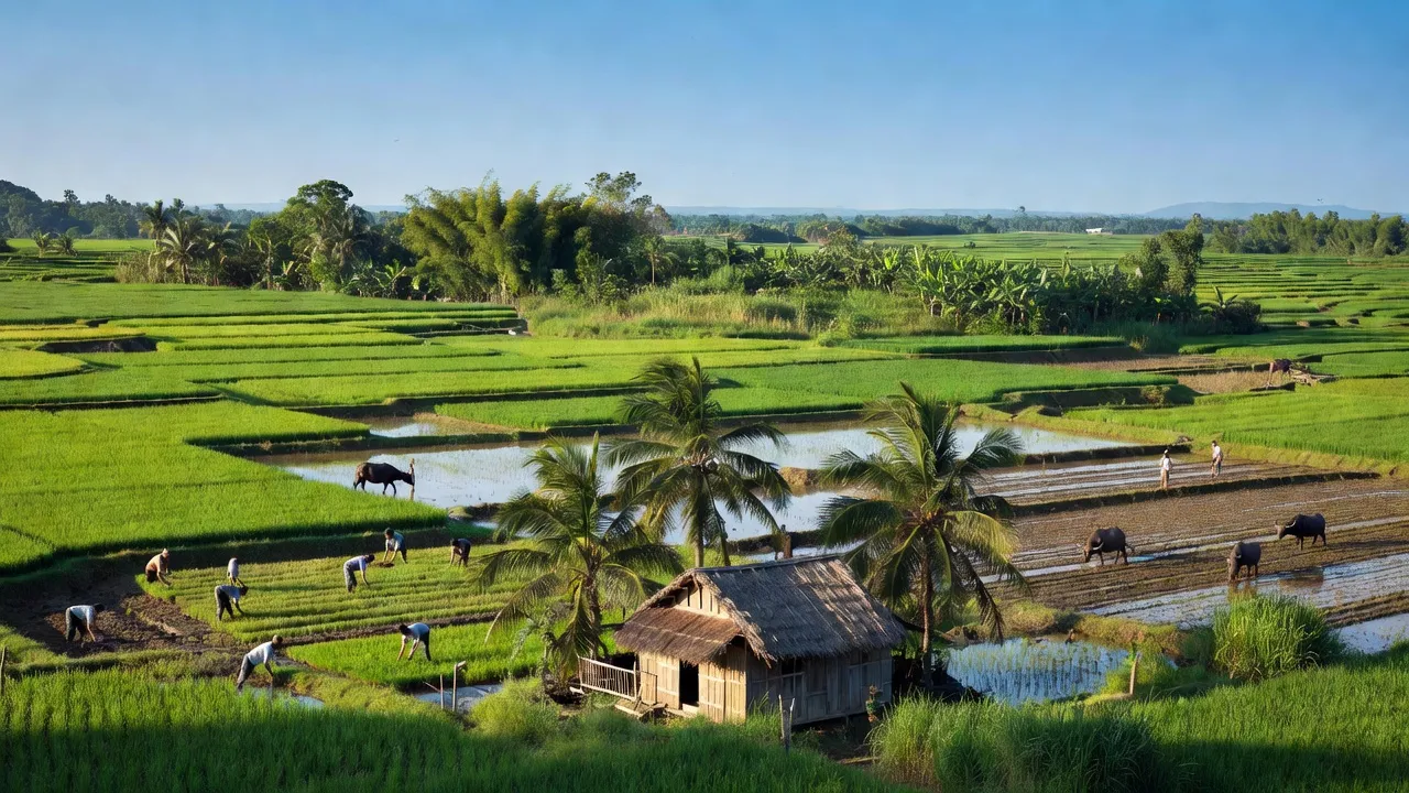 Cảnh sắc huyện Bù Đốp, Bình Phước với ruộng xanh và nhà dân, thể hiện cuộc sống nông thôn.