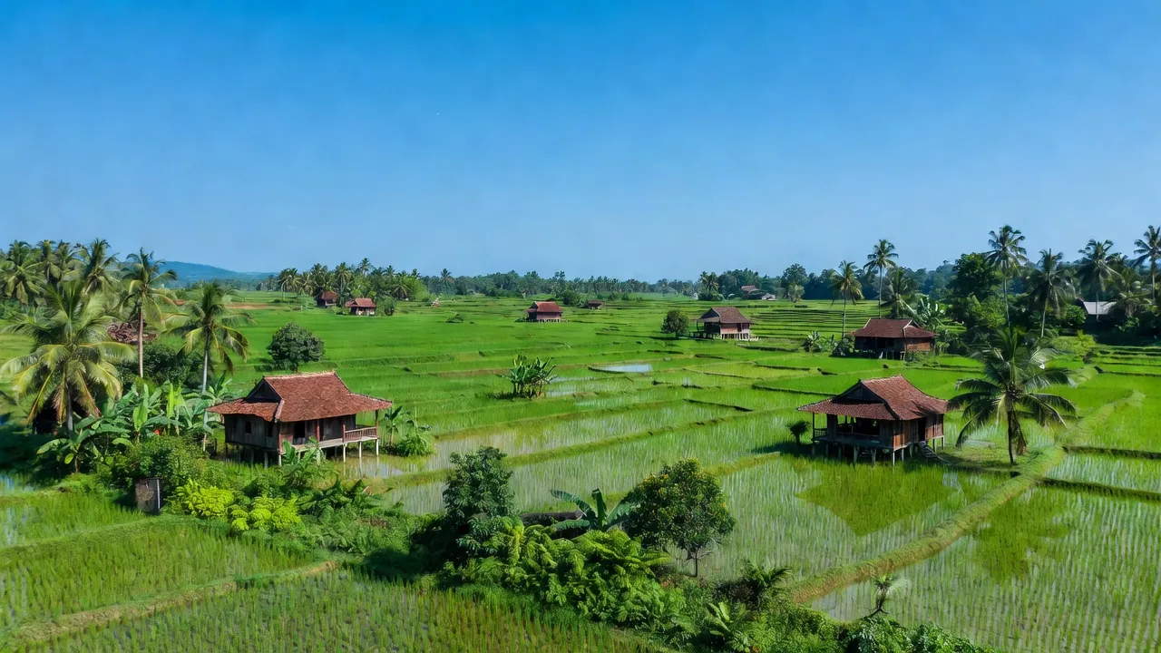Khung cảnh huyện Bù Đốp với cánh đồng và nhà truyền thống, nét đẹp nông thôn Bình Phước.