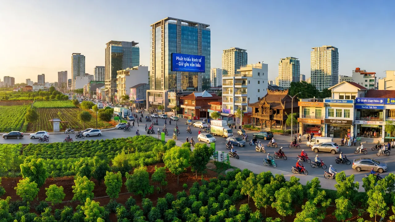 Khung cảnh Thị xã Chơn Thành, Bình Phước với cánh đồng xanh và khu vực đô thị sầm uất.