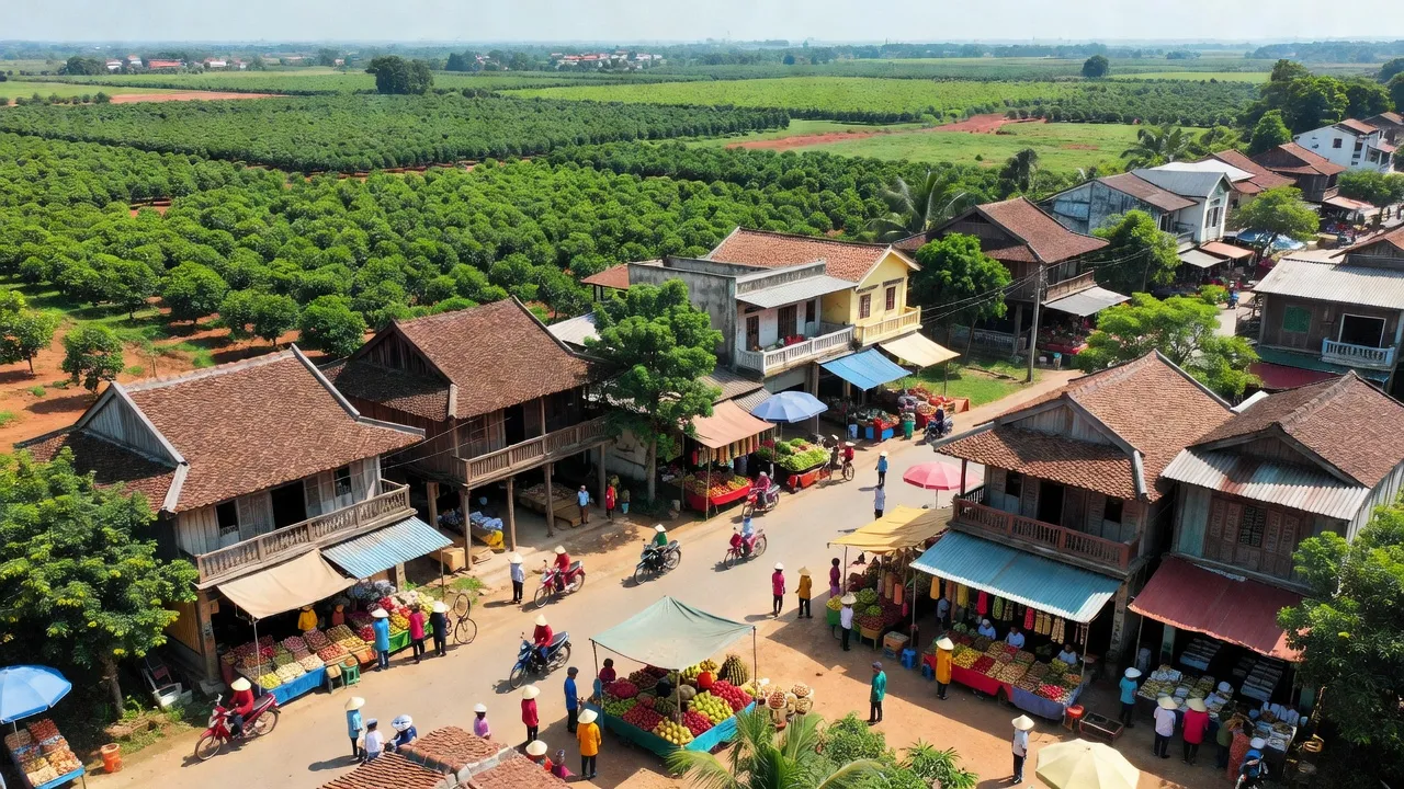 Thị xã Chơn Thành, Bình Phước, cộng đồng sôi động, kiến trúc truyền thống, cảnh quan xanh tươi.