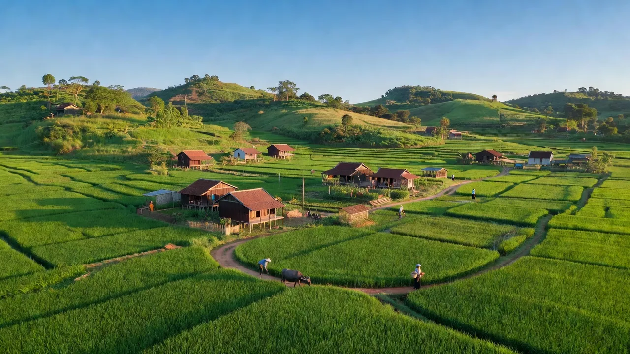 Cảnh thiên nhiên huyện Hớn Quản, tỉnh Bình Phước với cánh đồng xanh và đồi núi, nổi bật trong ánh sáng mặt trời.