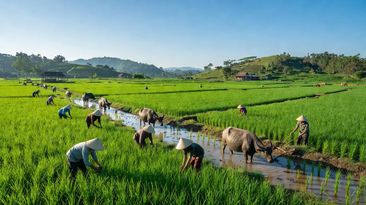 Khung cảnh huyện Hớn Quản, tỉnh Bình Phước với đồng xanh và trời trong, thích hợp cho du lịch.