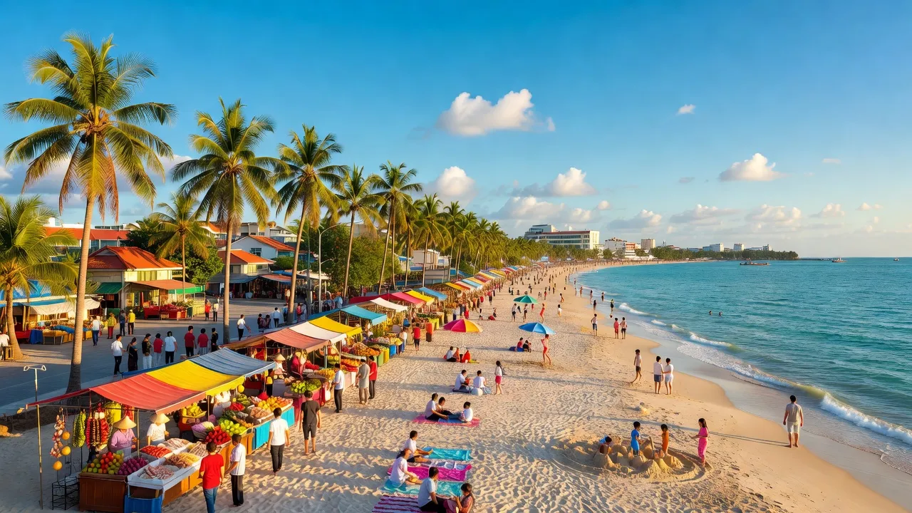 Khung cảnh thành phố Phan Thiết, bãi biển, cọ dừa, nhịp sống sôi động, Tỉnh Bình Thuận.
