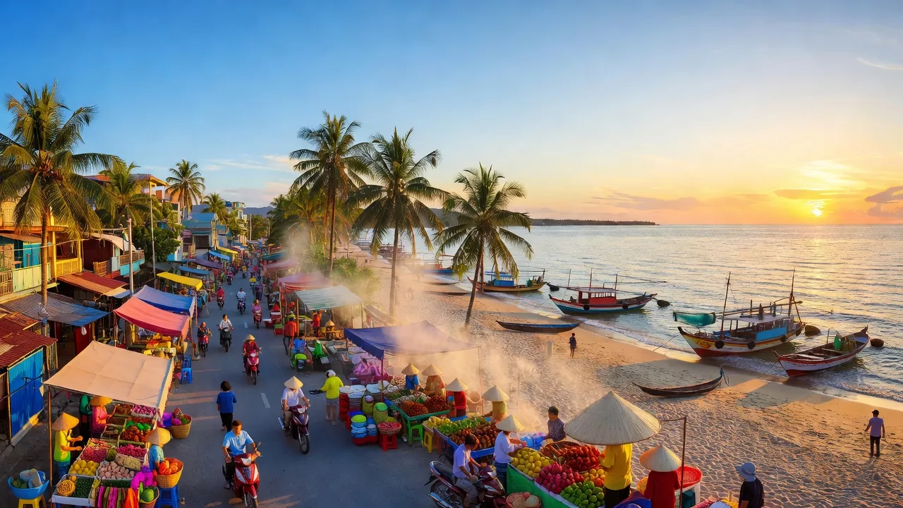 Khung cảnh thành phố Phan Thiết ven biển, với bãi biển, chợ địa phương và không khí năng động.