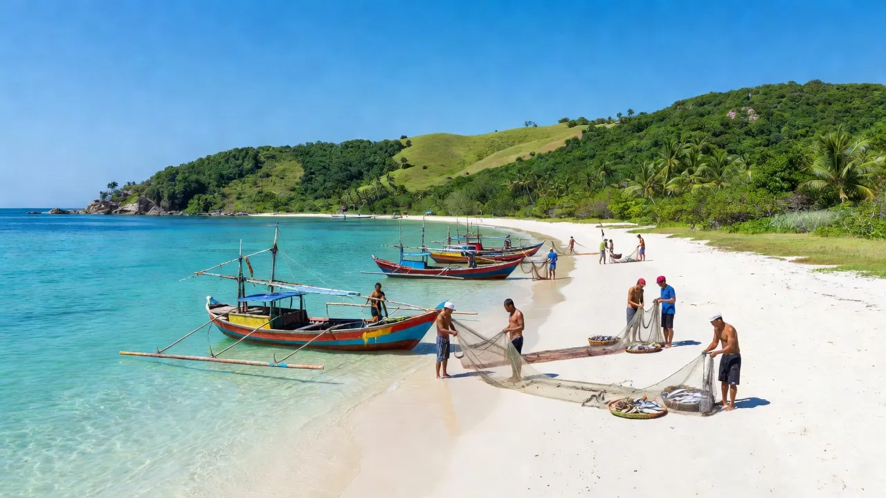 Cảnh quan huyện Phú Quý, Bình Thuận với bãi biển đẹp, nước trong xanh và thuyền đánh cá.